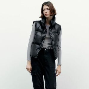 NWOT ZARA Women's Faux Leather Black Puffer Vest